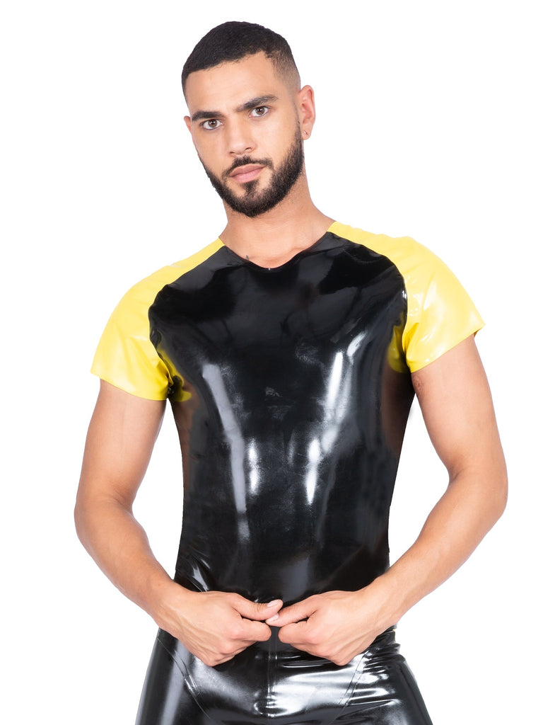 Black Fitted Latex Top With Yellow Sleeves