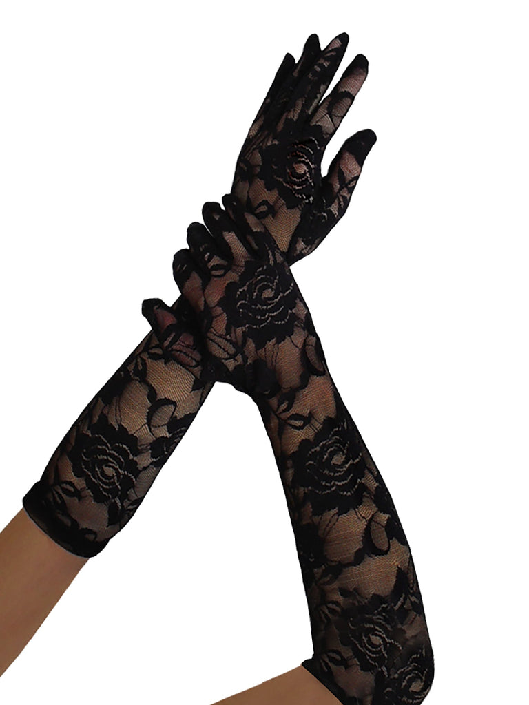 Skin Two UK Black Rose Lace Elbow Gloves - One Size Gloves