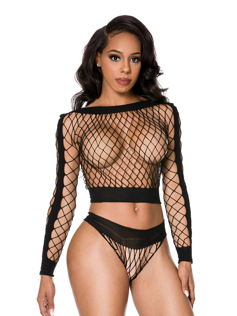 Opaque Panelled Diamond Net Crop Top And Panty Set