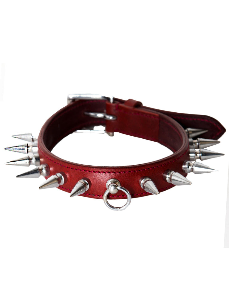 Skin Two UK Deluxe Burgundy Leather Spiked Collar Collar