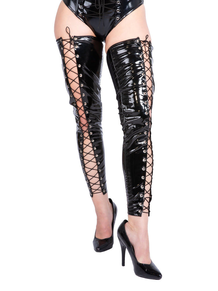 Black Lace up PVC Footless Stockings