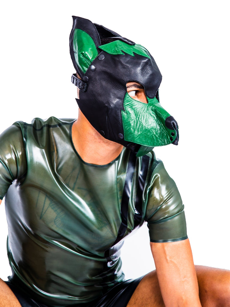 Skin Two UK Leather Full Face Dog Mask Black/Green - One Size Hood