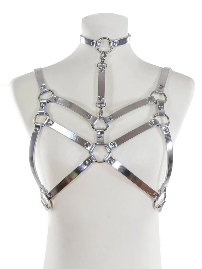 Double Strapped Bra Harness with Collar - Iridescent Silver