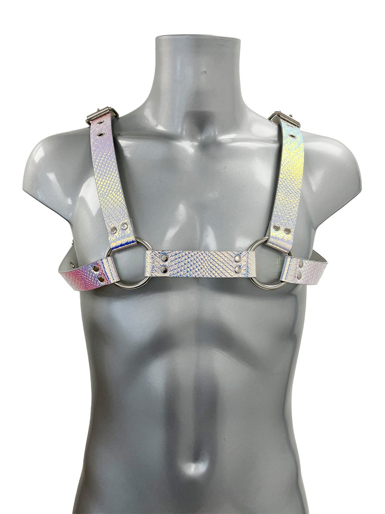 Bold Buckled Chest Harness - Iridescent Silver