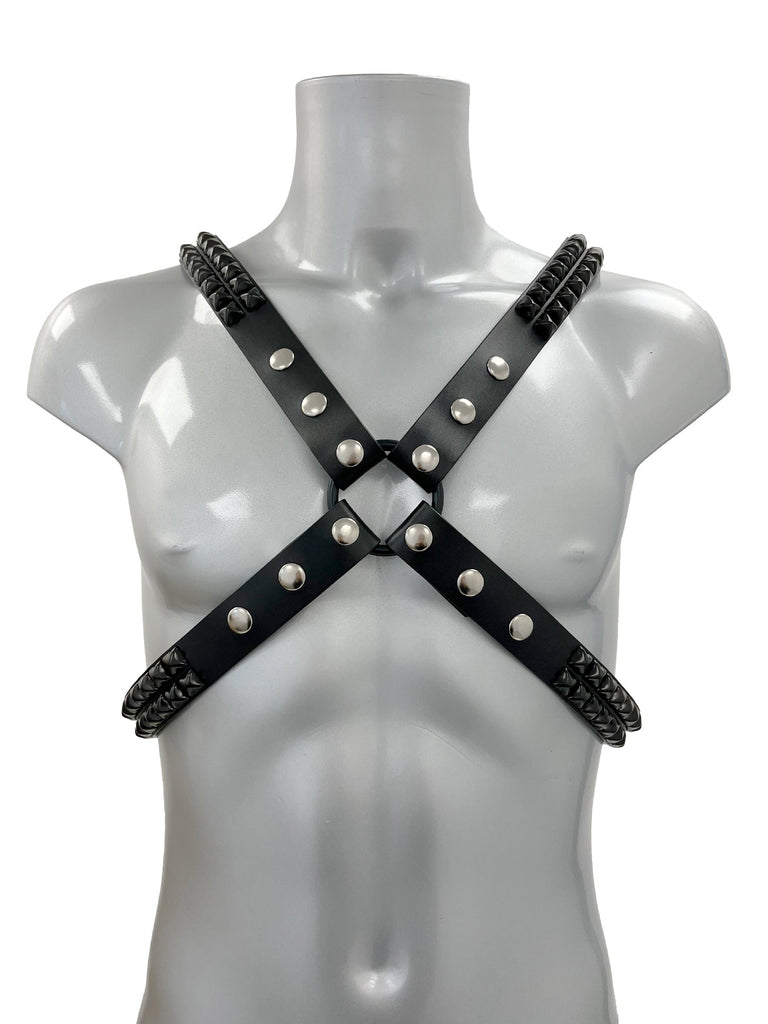 Black Crossover Pyramid Studded Chest Harness