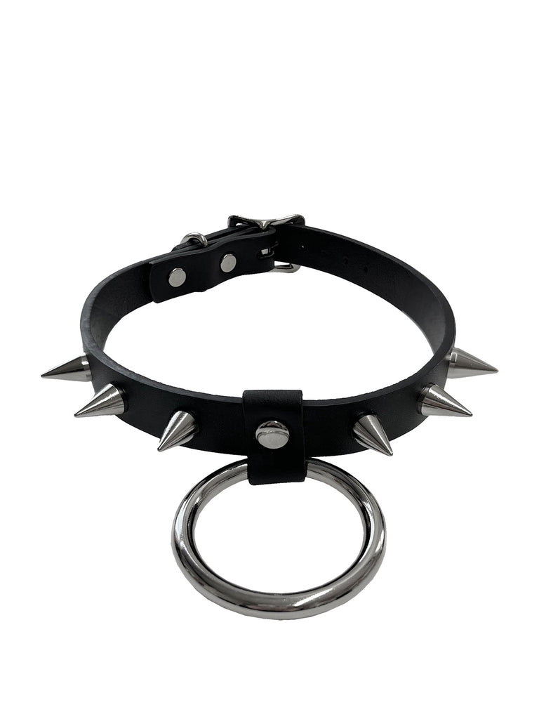 6 Spike Collar With 2 Inch O Ring - Black & Silver