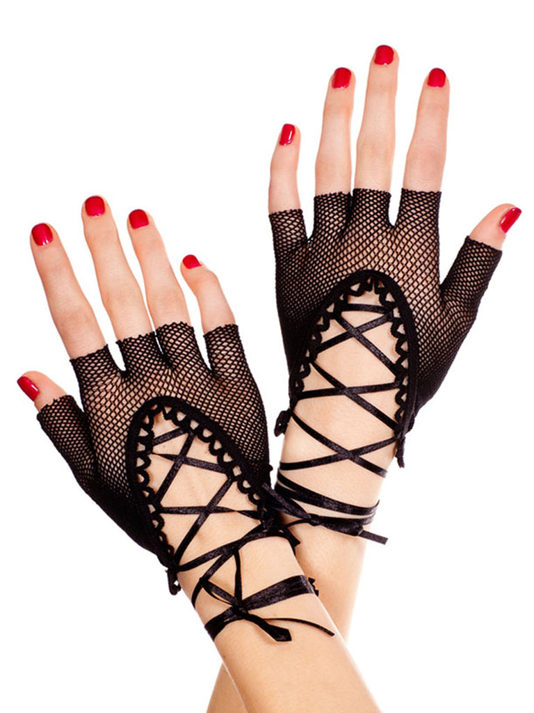 Skin Two UK Lace Up Wrist Length Fishnet Fingerless Gloves Black - One Size Gloves
