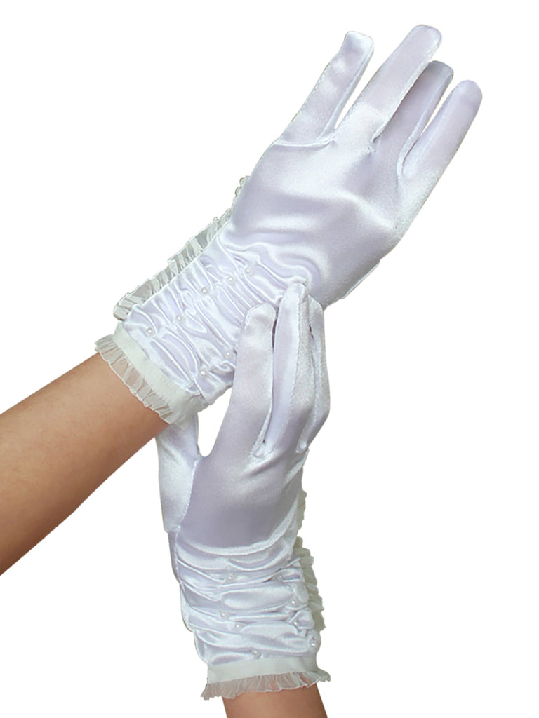 Skin Two UK White Satin Wrist Gloves With Pearls - One Size Gloves