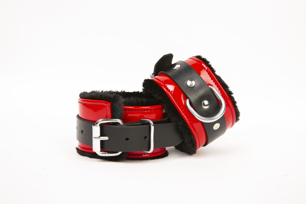 Skin Two UK Patent Fur Lined Cuffs Red - Black Cuffs